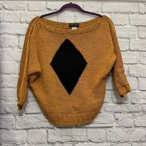 VTG Angel Boat Neck Knit Sweater Yellow Diamond Pattern Batwing 80s Retro Size M